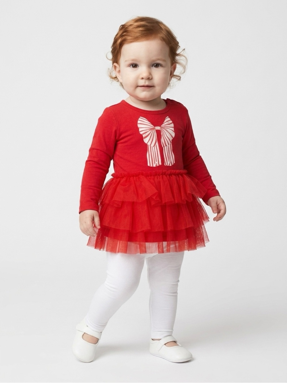 Posh Peanut Red Long Sleeve Bow Tulle Ruffle Bodysuit Dress 2T